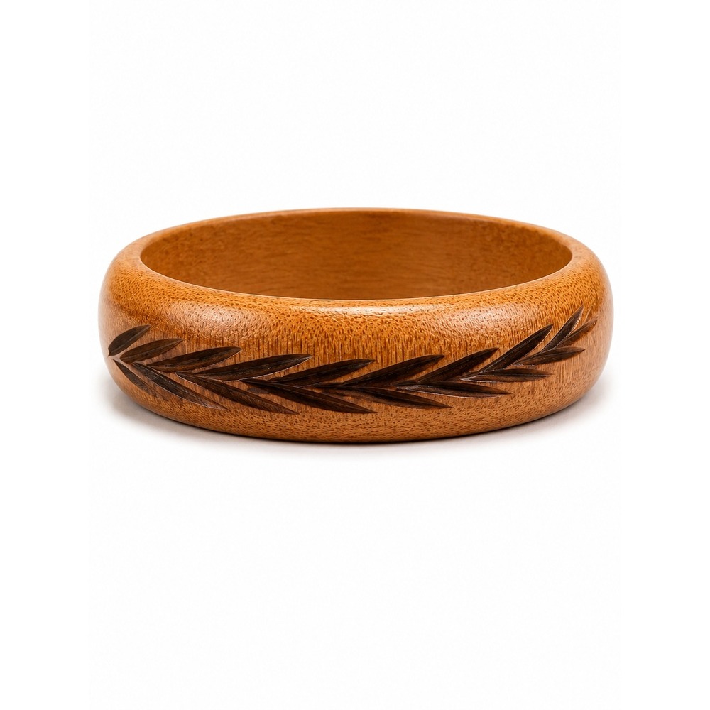 Vintage 1970s Bamboo Bangle Bracelet Carved Leaf Frond Wide Wood Boho Jewelry